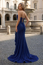 Mermaid Strapless Asymmetrical Beaded Long Evening Dress with Slit - Curvevia
