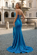 Mermaid Strapless Asymmetrical Beaded Long Evening Dress with Slit - Curvevia