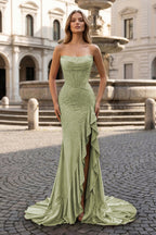 Mermaid Strapless Asymmetrical Beaded Long Evening Dress with Slit - Curvevia