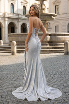 Mermaid Strapless Asymmetrical Beaded Long Evening Dress with Slit - Curvevia