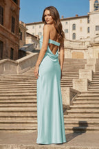 Sky Blue Strapless Sheath Satin Pleated Open Back Long Evening Dress - Curvevia