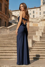 Sky Blue Strapless Sheath Satin Pleated Open Back Long Evening Dress - Curvevia