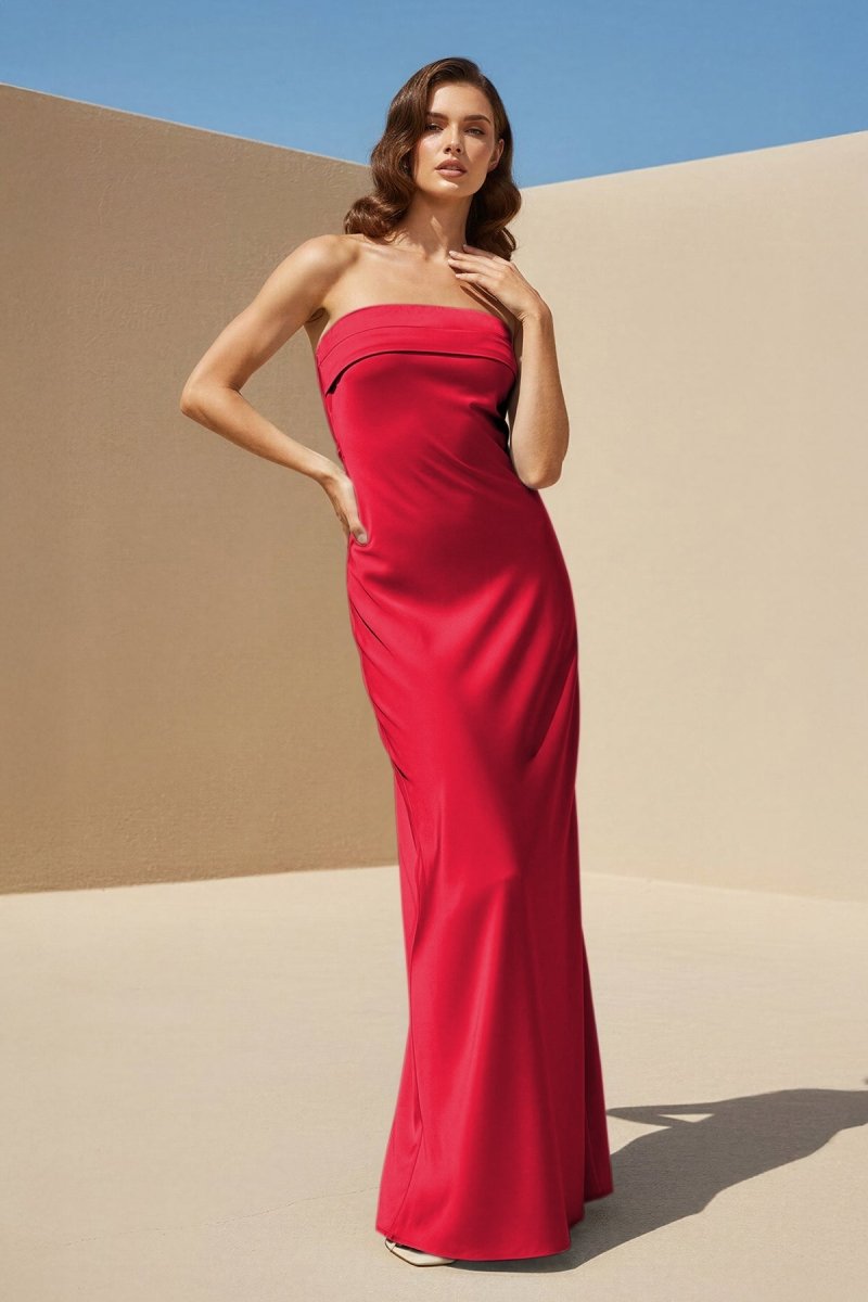 Sky Blue Strapless Sheath Satin Pleated Open Back Long Evening Dress - Curvevia