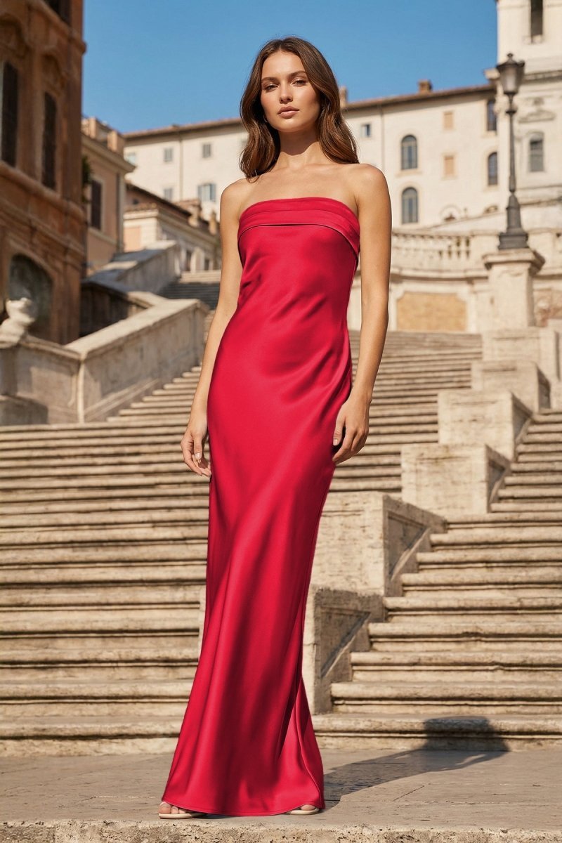 Sky Blue Strapless Sheath Satin Pleated Open Back Long Evening Dress - Curvevia