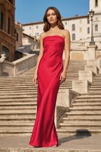 Sky Blue Strapless Sheath Satin Pleated Open Back Long Evening Dress - Curvevia