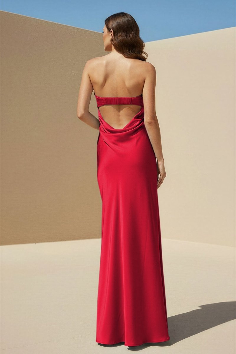 Sky Blue Strapless Sheath Satin Pleated Open Back Long Evening Dress - Curvevia