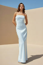 Sky Blue Strapless Sheath Satin Pleated Open Back Long Evening Dress - Curvevia