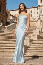 Sky Blue Strapless Sheath Satin Pleated Open Back Long Evening Dress - Curvevia