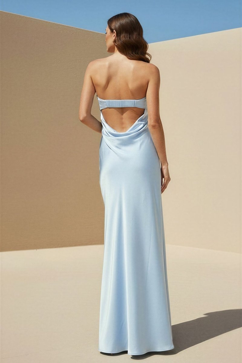 Sky Blue Strapless Sheath Satin Pleated Open Back Long Evening Dress - Curvevia