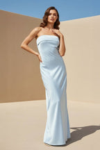 Sky Blue Strapless Sheath Satin Pleated Open Back Long Evening Dress - Curvevia
