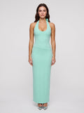 Mint Green Matte Satin Sheath Halter neckline Backless Floor-Length Dress - Curvevia