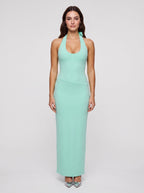 Mint Green Matte Satin Sheath Halter neckline Backless Floor-Length Dress - Curvevia
