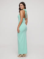 Mint Green Matte Satin Sheath Halter neckline Backless Floor-Length Dress - Curvevia