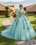 Mint Green Off Shoulder Court Train Quinceañera Dress - Curvevia
