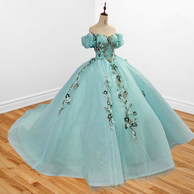 Mint Green Off Shoulder Court Train Quinceañera Dress - Curvevia