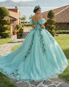 Mint Green Off Shoulder Court Train Quinceañera Dress - Curvevia