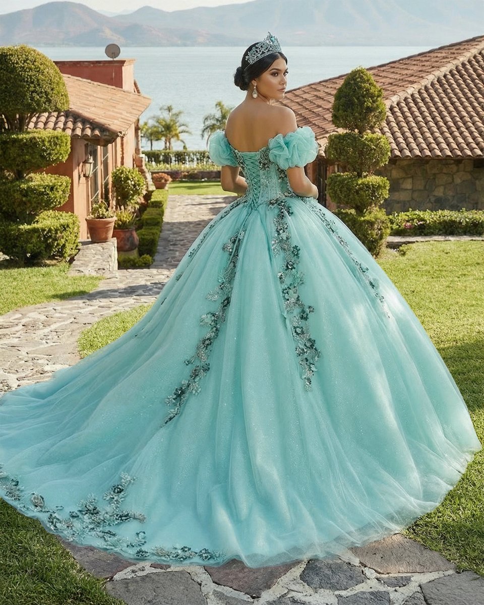 Mint Green Off Shoulder Court Train Quinceañera Dress - Curvevia
