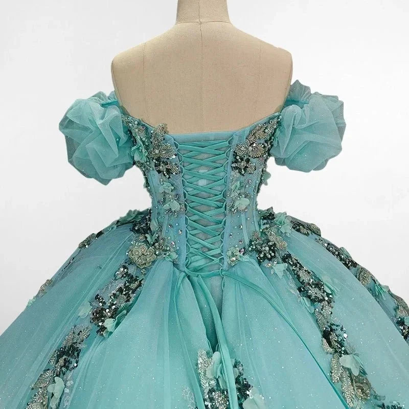 Mint Green Off Shoulder Court Train Quinceañera Dress - Curvevia