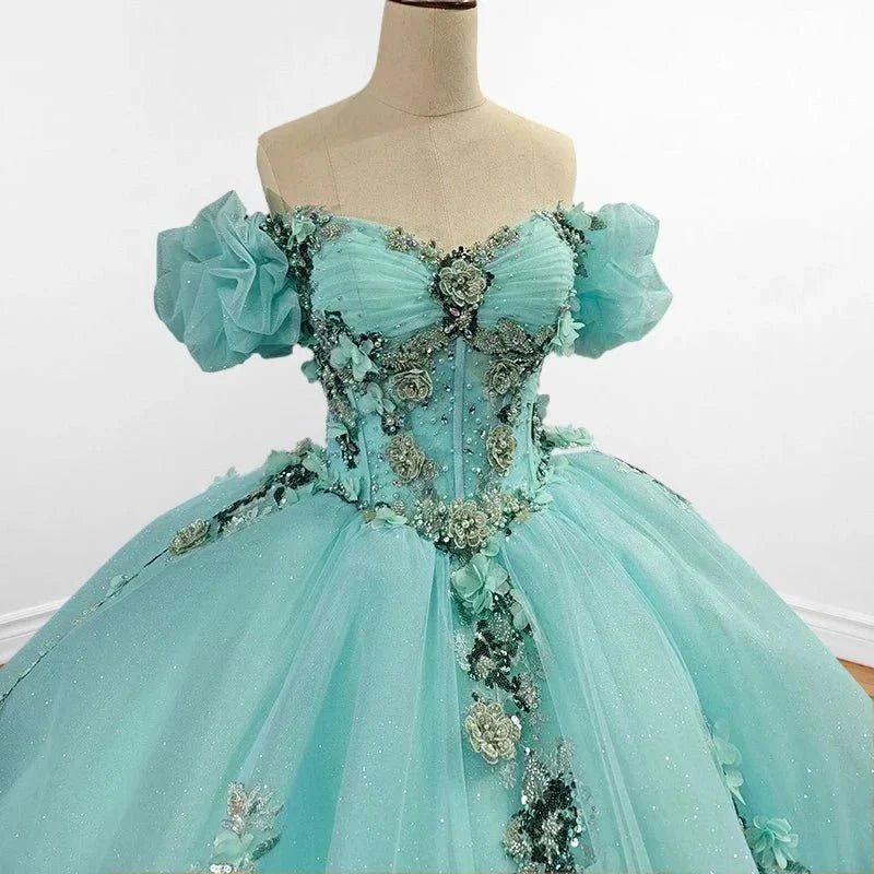 Mint Green Off Shoulder Court Train Quinceañera Dress - Curvevia