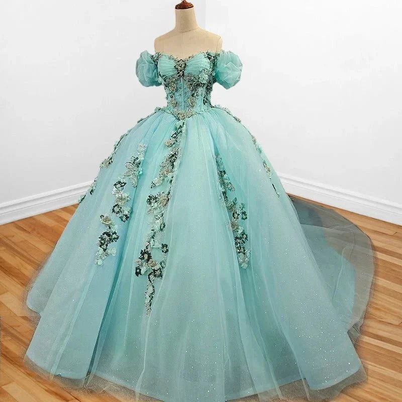 Mint Green Off Shoulder Court Train Quinceañera Dress - Curvevia