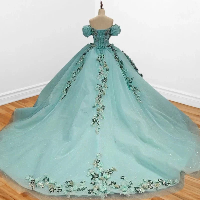 Mint Green Off Shoulder Court Train Quinceañera Dress - Curvevia