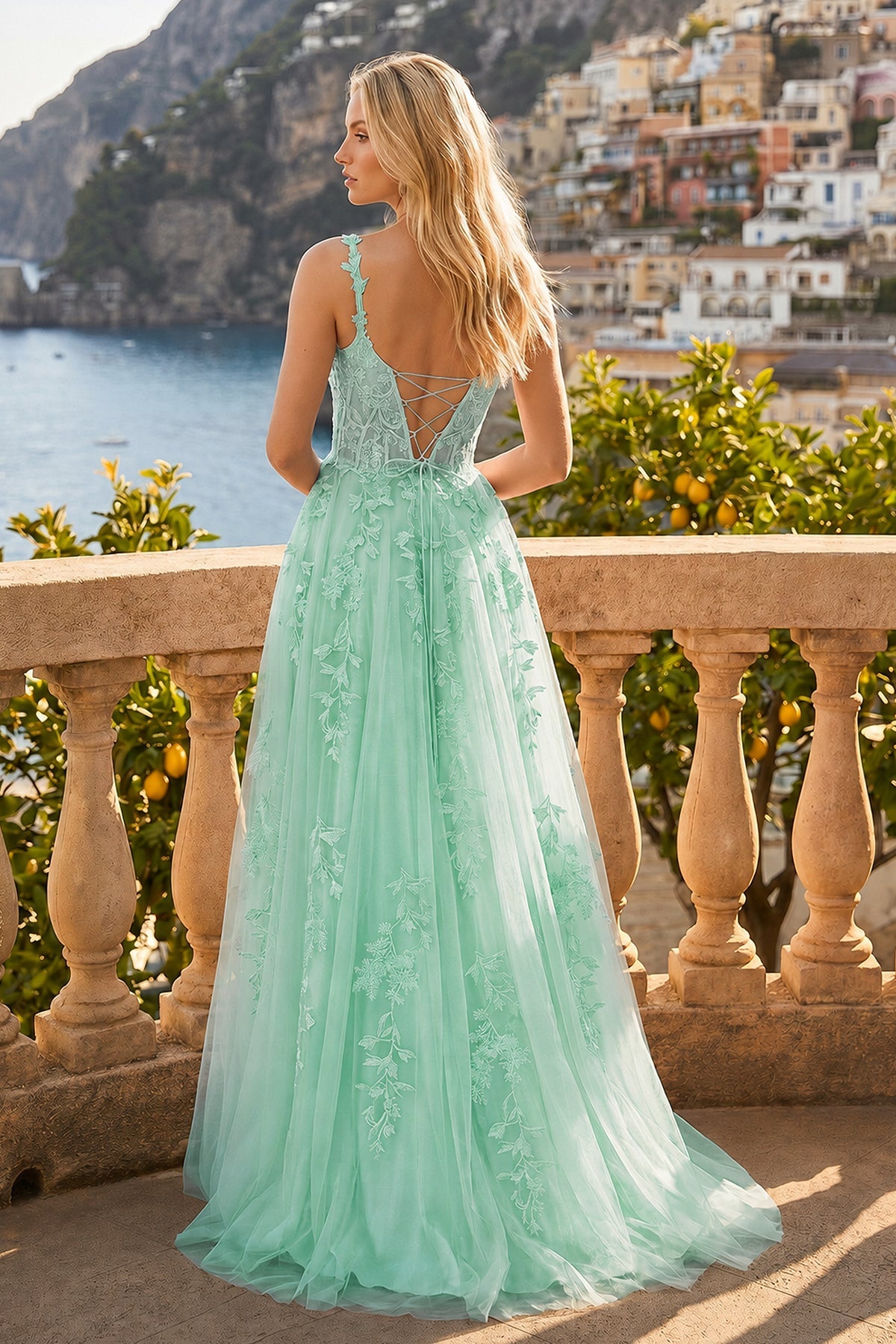 A-line V Neck Lace Tulle Evening Dress With Slit - Curvevia