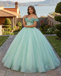 Glitter Mint Green Off The Shoulder Ball Gown Quinceanera Dresses - Curvevia