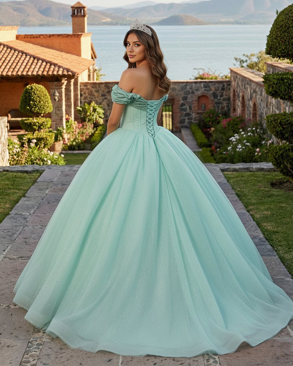 Glitter Mint Green Off The Shoulder Ball Gown Quinceanera Dresses - Curvevia