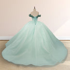 Glitter Mint Green Off The Shoulder Ball Gown Quinceanera Dresses - Curvevia