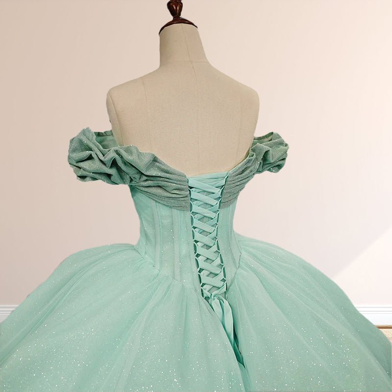 Glitter Mint Green Off The Shoulder Ball Gown Quinceanera Dresses - Curvevia