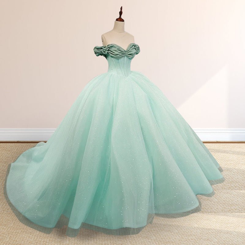 Glitter Mint Green Off The Shoulder Ball Gown Quinceanera Dresses - Curvevia