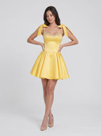 Daffodil Satin A-Line V-Neck Back Zip Short Dress with Shoulder Bows - Curvevia