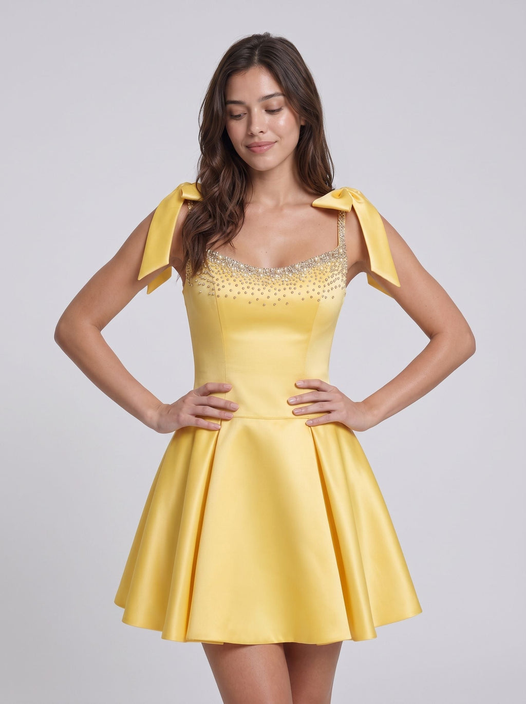 Daffodil Satin A-Line V-Neck Back Zip Short Dress with Shoulder Bows - Curvevia