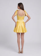 Daffodil Satin A-Line V-Neck Back Zip Short Dress with Shoulder Bows - Curvevia