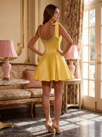Daffodil Satin A-Line V-Neck Back Zip Short Dress with Shoulder Bows - Curvevia