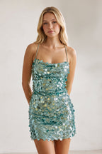 Mint Green Sparkly Spaghetti Straps Sequin Sheath Homecoming Dress - Curvevia