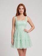 Mint Green Tulle A-Line Square Neck Back Zip Mini Dress with Tiered Tulle Skirt - Curvevia