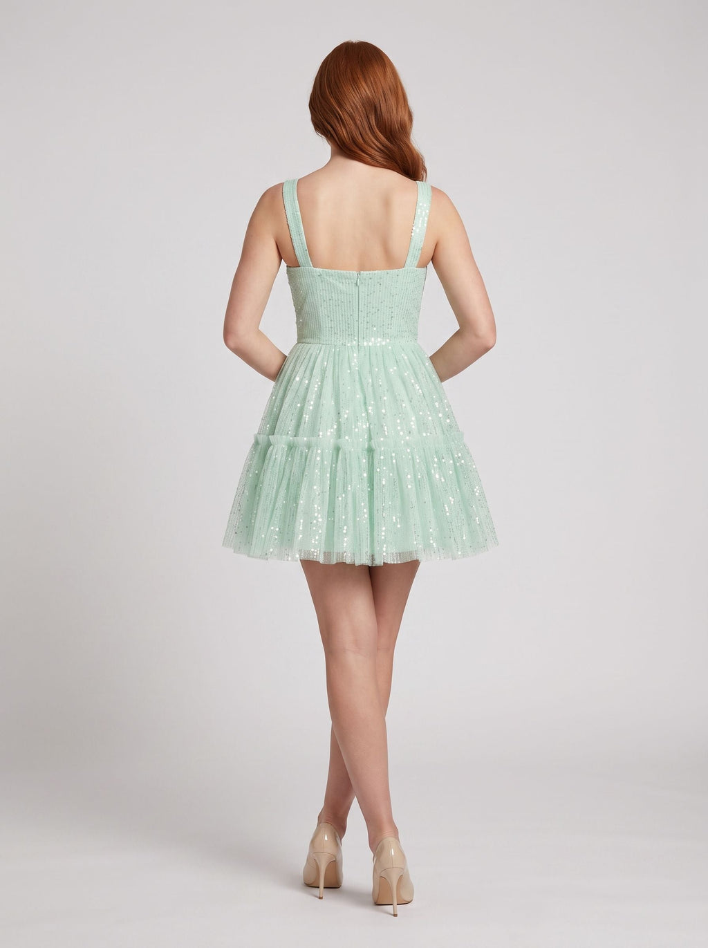 Mint Green Tulle A-Line Square Neck Back Zip Mini Dress with Tiered Tulle Skirt - Curvevia