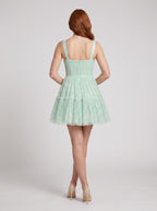 Mint Green Tulle A-Line Square Neck Back Zip Mini Dress with Tiered Tulle Skirt - Curvevia