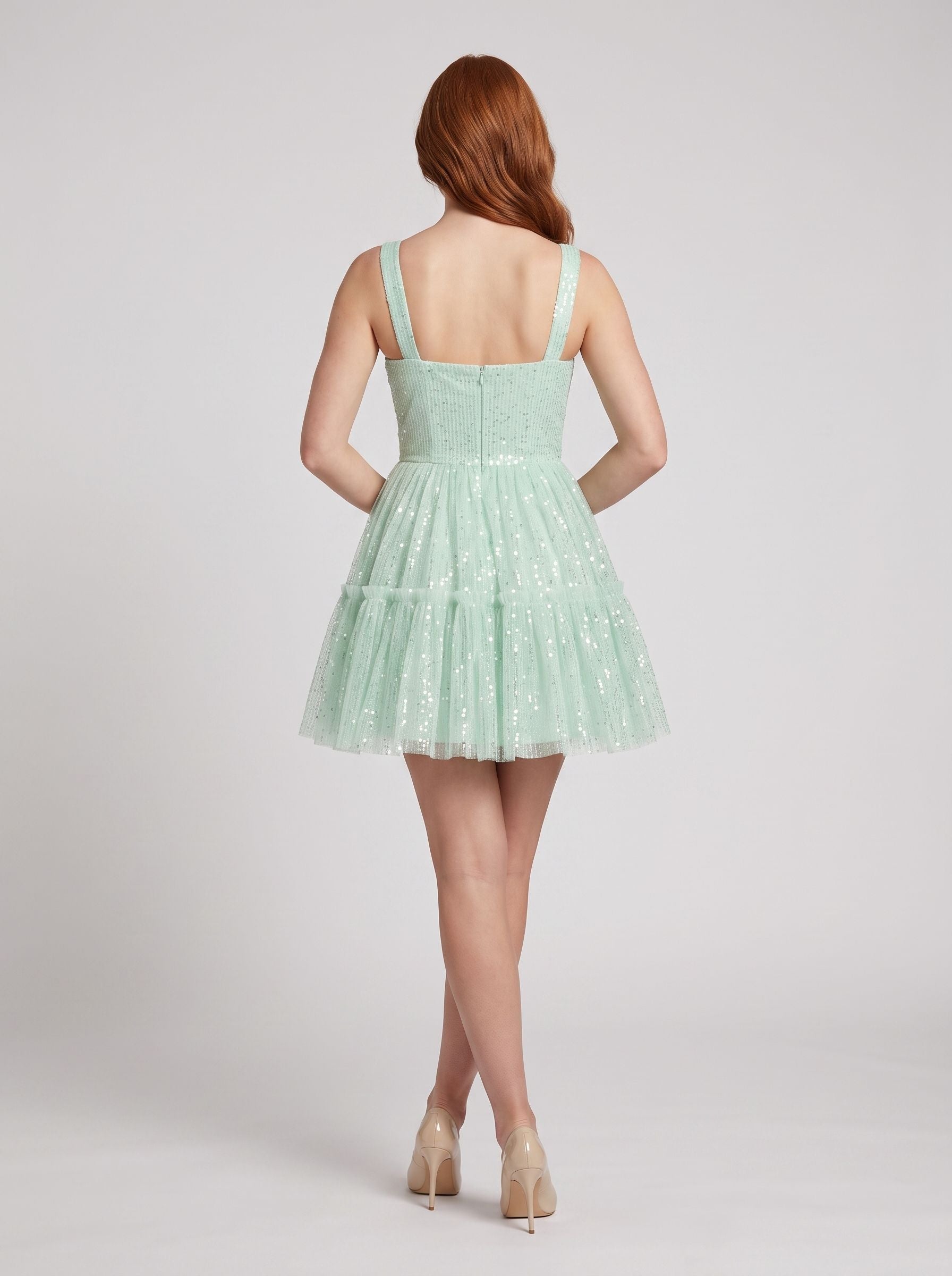 Mint Green Tulle A-Line Square Neck Back Zip Mini Dress with Tiered Tulle Skirt - Curvevia