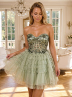 Green Tulle A-Line Sweetheart Corset Back Short Dress with Floral Appliques - Curvevia