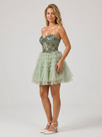 Green Tulle A-Line Sweetheart Corset Back Short Dress with Floral Appliques - Curvevia