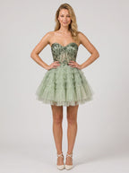 Green Tulle A-Line Sweetheart Corset Back Short Dress with Floral Appliques - Curvevia