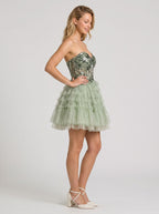 Green Tulle A-Line Sweetheart Corset Back Short Dress with Floral Appliques - Curvevia