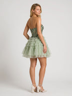 Green Tulle A-Line Sweetheart Corset Back Short Dress with Floral Appliques - Curvevia