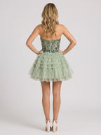 Green Tulle A-Line Sweetheart Corset Back Short Dress with Floral Appliques - Curvevia