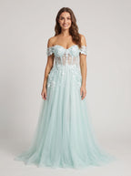 Mint Green Tulle A-Line Off-the-Shoulder Back Zip Floor-Length Dress with 3D Flowers - Curvevia