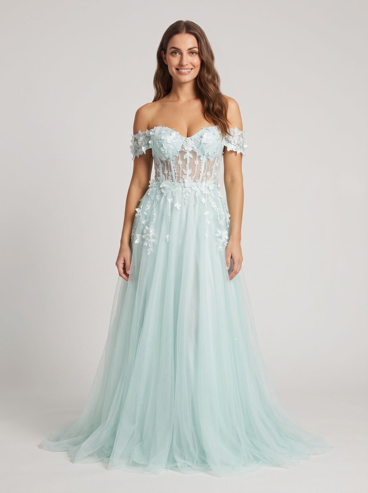 Mint Green Tulle A-Line Off-the-Shoulder Back Zip Floor-Length Dress with 3D Flowers - Curvevia
