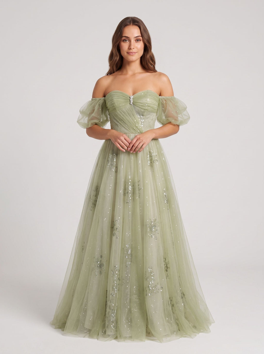 Sage Green Tulle A-Line Off-the-Shoulder Lace-up Floor-Length Dress with Beading - Curvevia