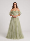 Sage Green Tulle A-Line Off-the-Shoulder Lace-up Floor-Length Dress with Beading - Curvevia